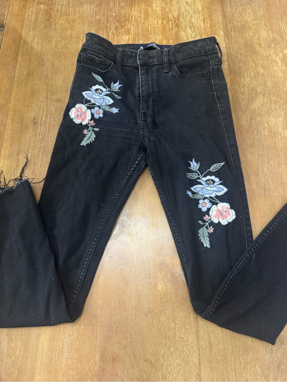Hollister Black Skinny Jeans with Blue and Pink Floral Embroidery